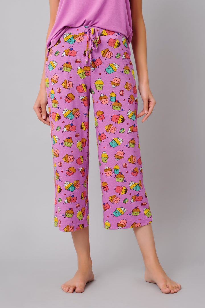 Colorful cupcake print Capri pants for women, comfortable and stylish.