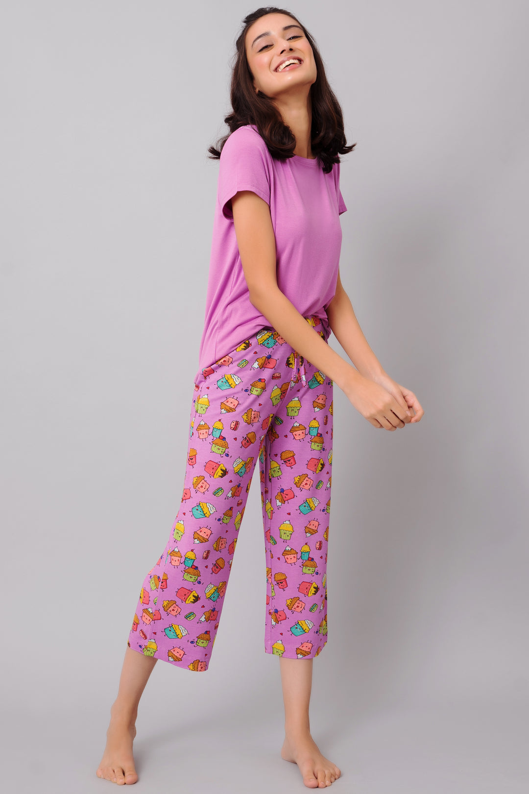 Stud Muffin Capri loungewear set with colorful cupcake print and relaxed fit.