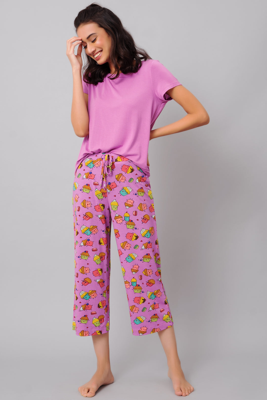 Stud Muffin Capri loungewear with playful cupcake print and vibrant colors.