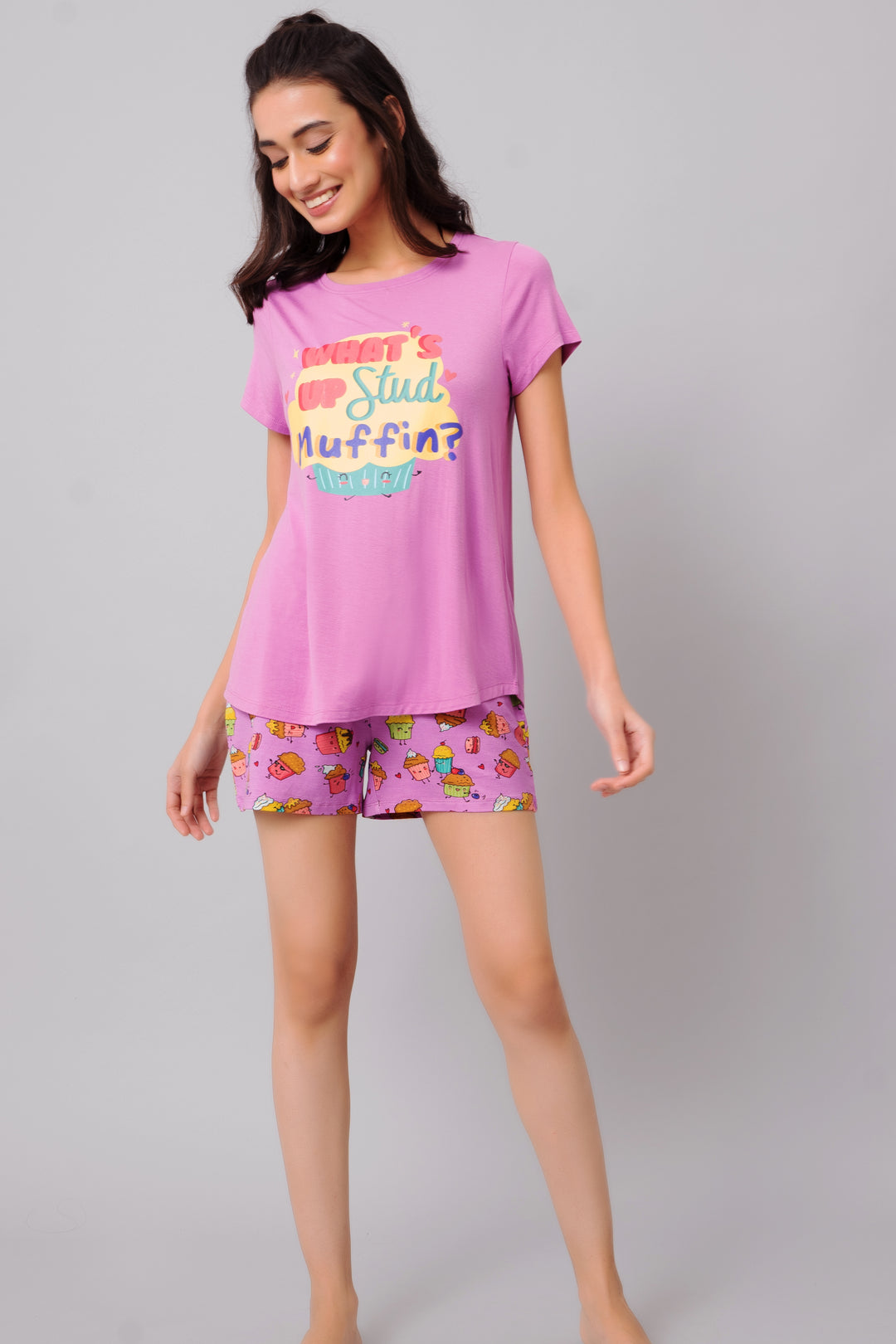 Stud Muffin Shorts style outfit featuring a playful graphic tee.