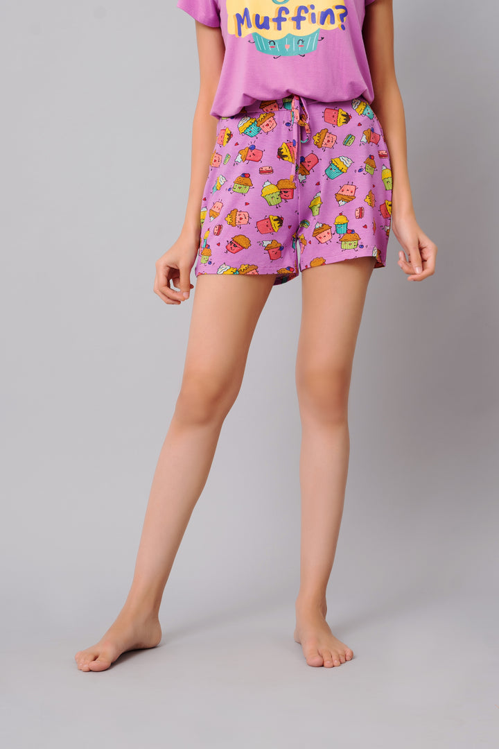 Colorful Stud Muffin Shorts with fun cupcake print for women.