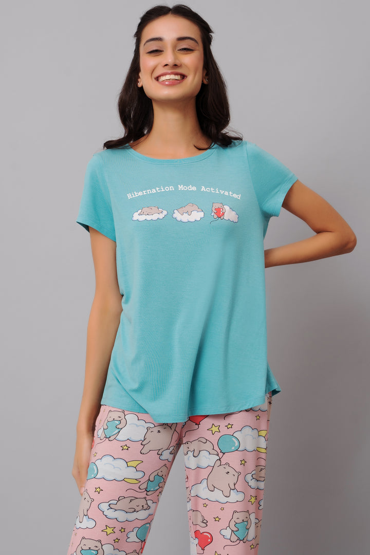 Hibernation Mode Capri Set featuring fun graphics and comfortable style.