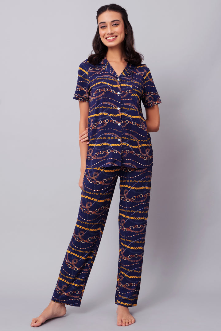 Linked Chains Pajama Set on model, stylish and comfortable sleepwear.