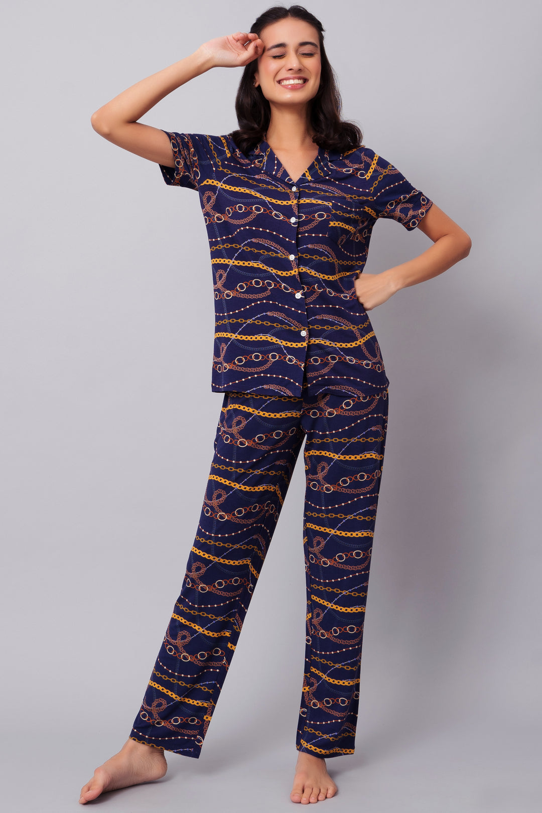 Linked Chains Pajama Set featuring a stylish chain pattern and comfortable fit.