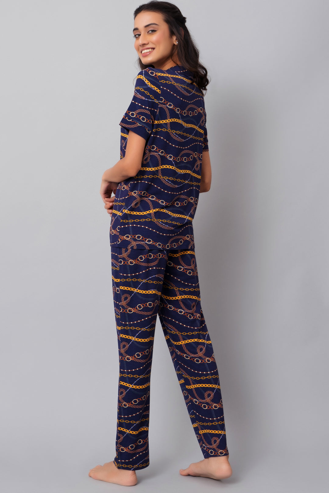 Linked Chains Pajama Set featuring stylish patterned top and bottoms.