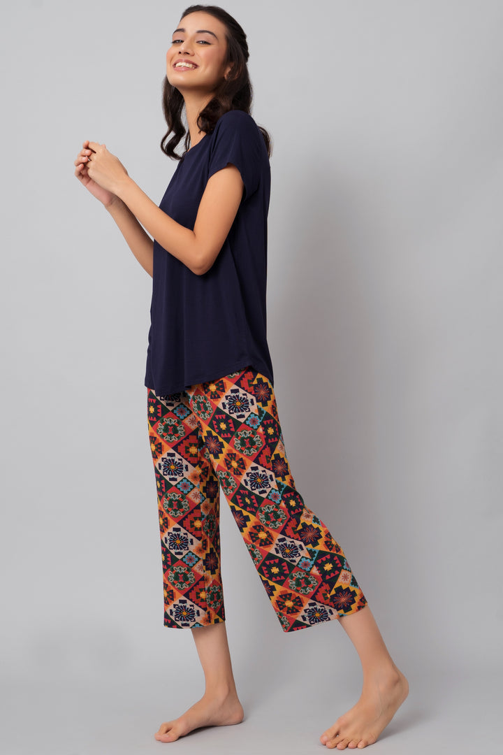 Floral Aztec Capri Set model showcasing stylish loungewear outfit.