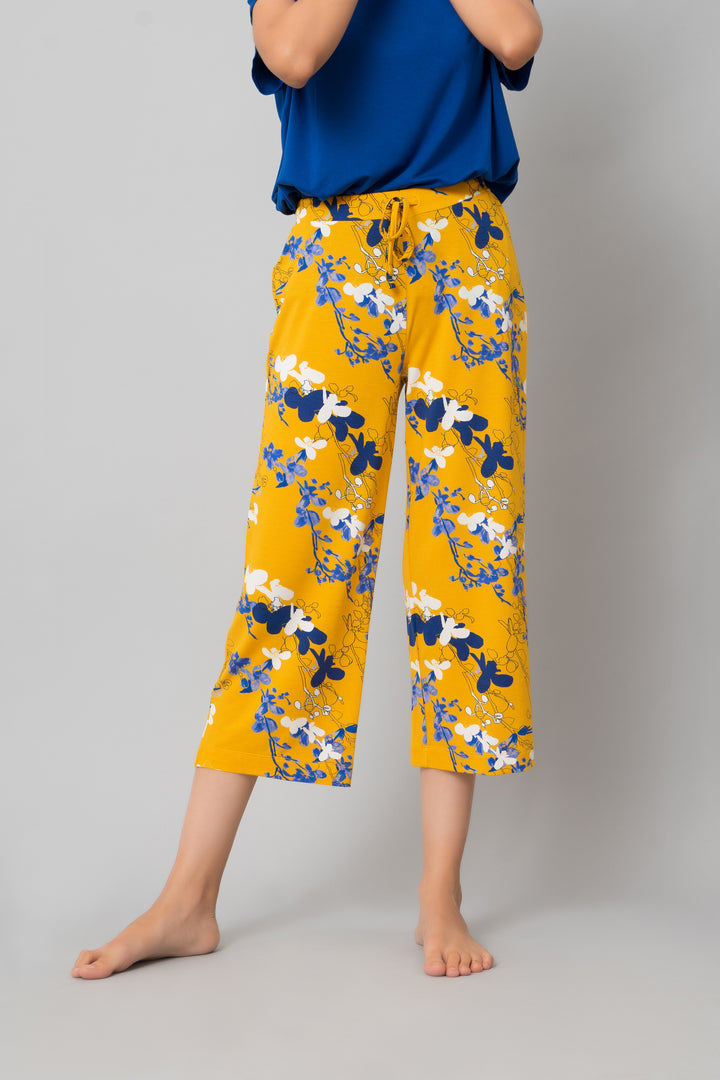 Floral Love Capri Set in vibrant yellow and blue floral design.