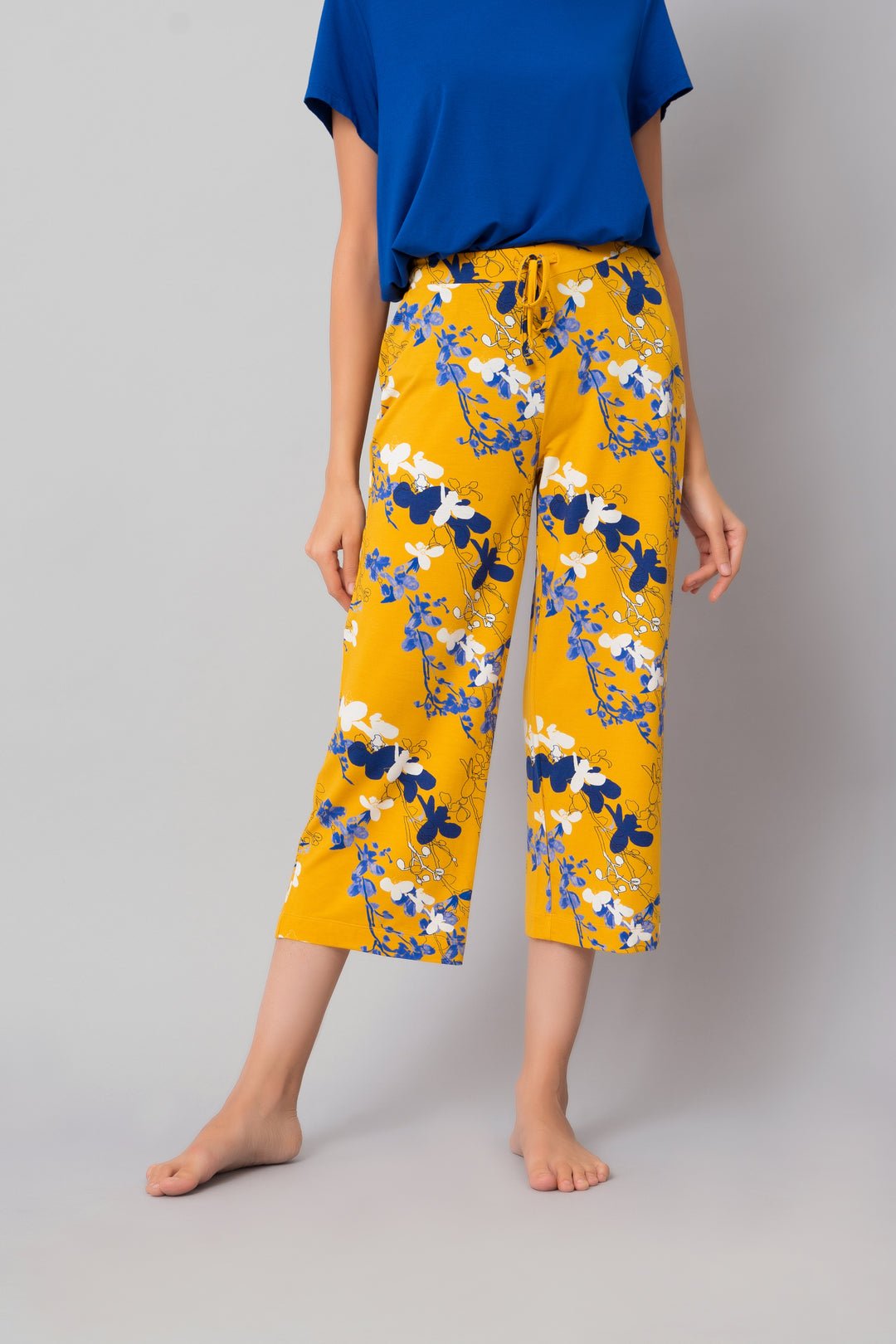 Floral Love Capri Set with vibrant yellow pants and blue top.