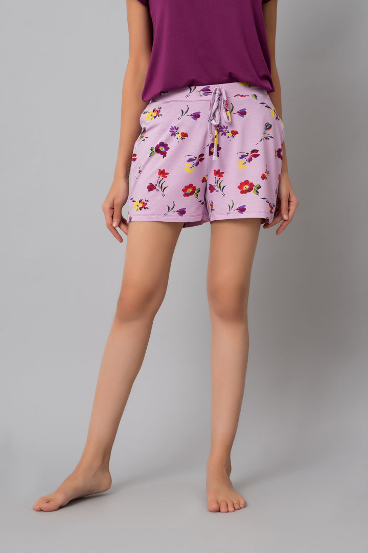 Floral patterned pink shorts for cozy winter attire.