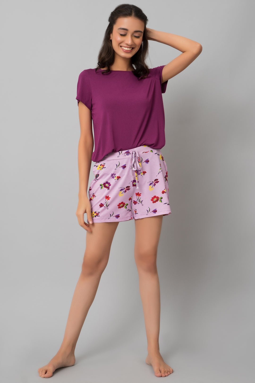 Winter Romance Shorts Set with floral shorts and purple top.