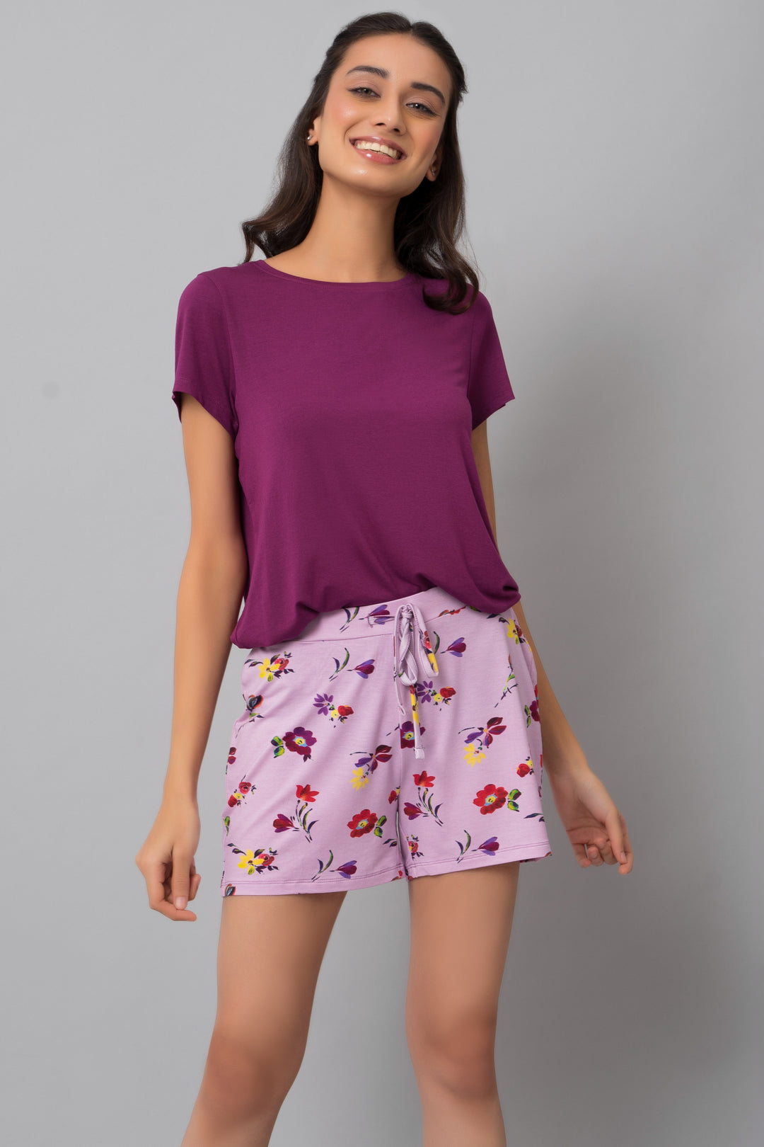 Winter Romance Shorts Set with floral shorts and purple top.