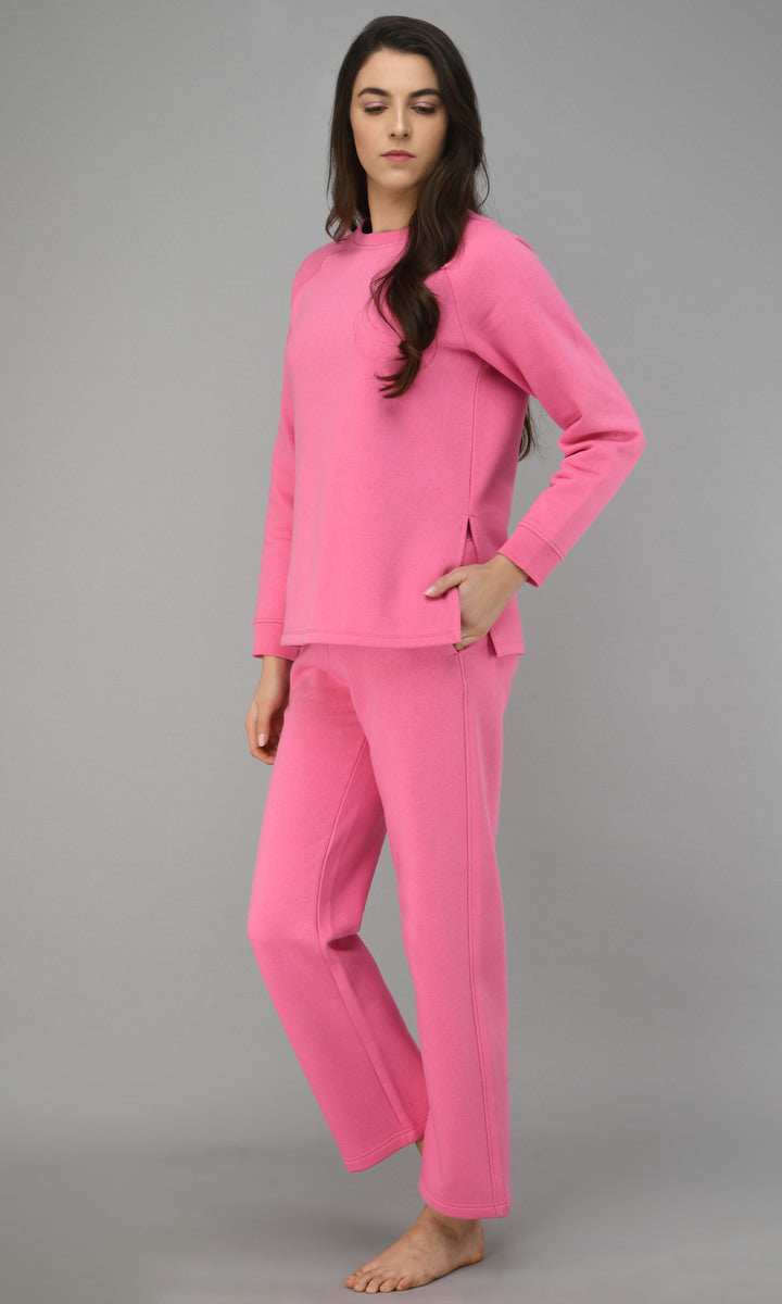 "Feisty Pink Fleece Sweatshirt model wearing matching outfit"