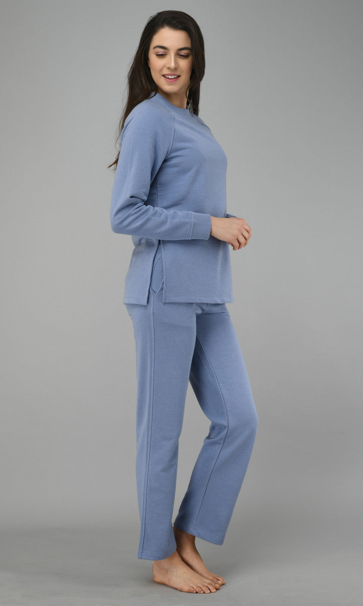 Ice-blue fleece long pullover set for stylish comfort and warmth.