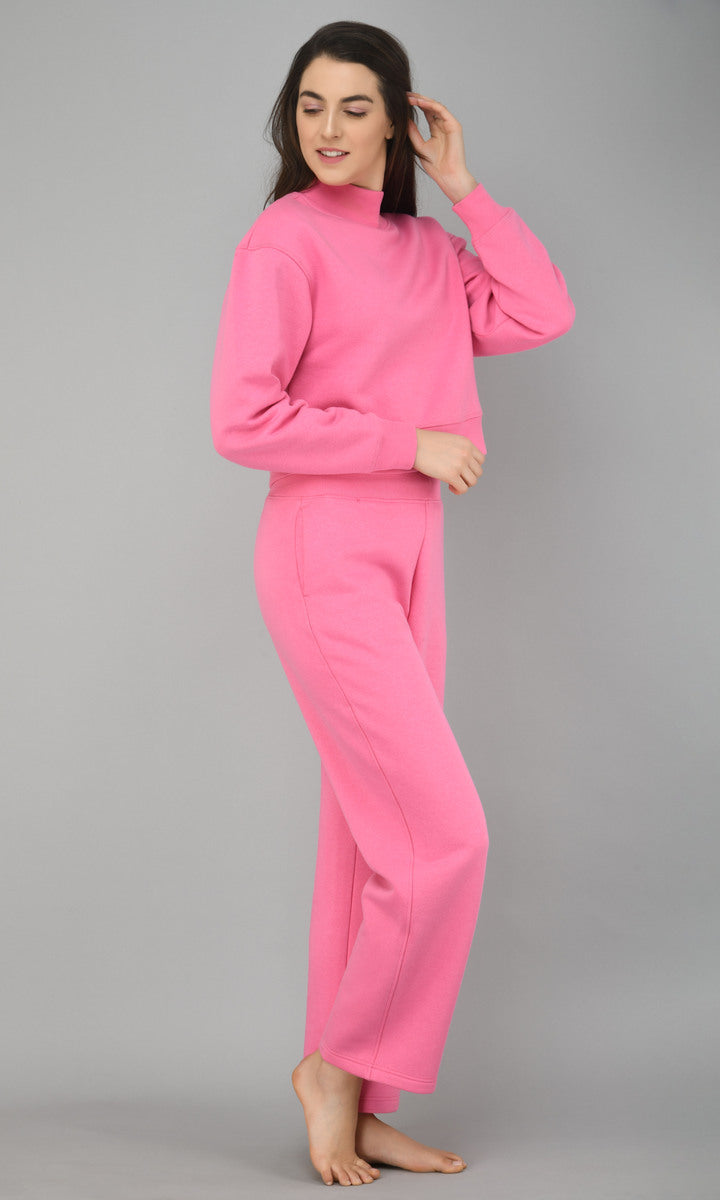 Model wearing Feisty Pink Fleece Sweatshirt outfit, stylish and comfortable.