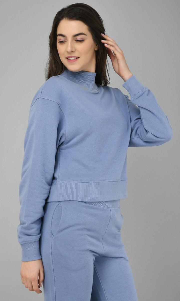 Ice-Blue fleece lounge set featuring cozy cropped top and matching pants.