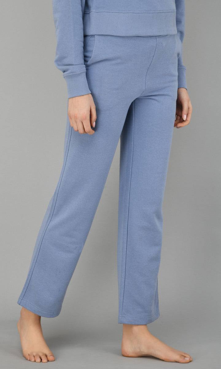 Ice-blue fleece lounge set featuring comfortable pants and top.