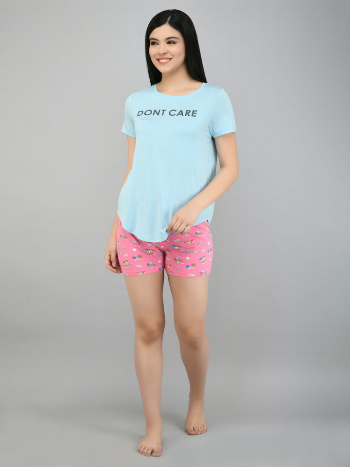 Summer Escape Shorts Set featuring a light blue top and pink shorts.