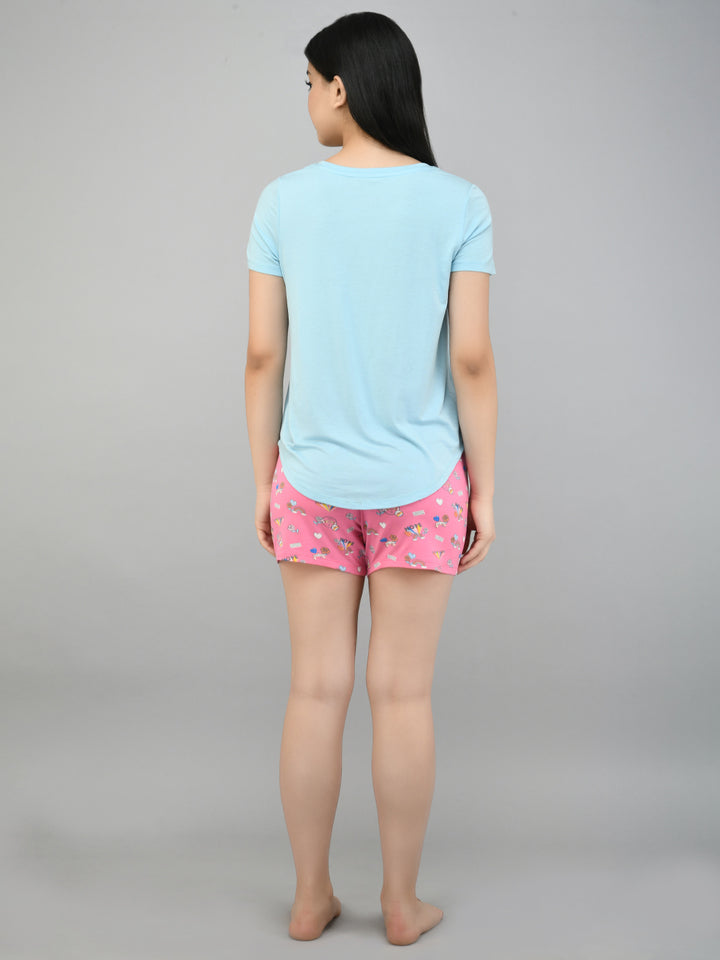 Back view of Summer Escape Shorts Set featuring blue top and pink shorts.