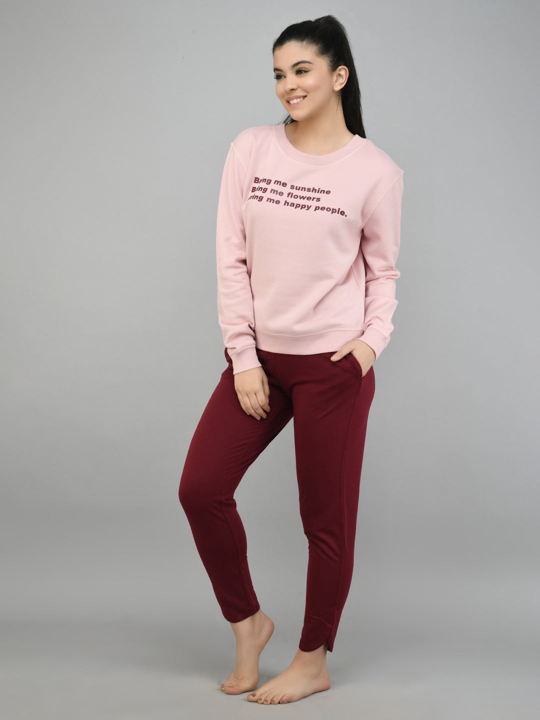 Ruby Red Jogger Set with pink sweatshirt and maroon joggers.