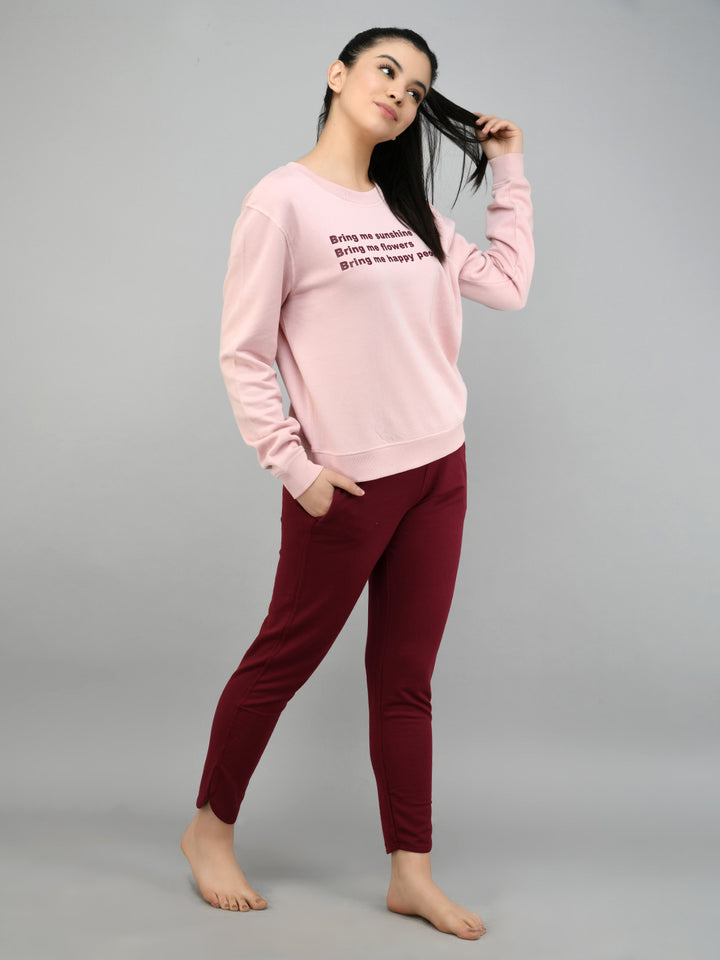 Ruby Red Jogger Set featuring a pink sweatshirt and maroon joggers.