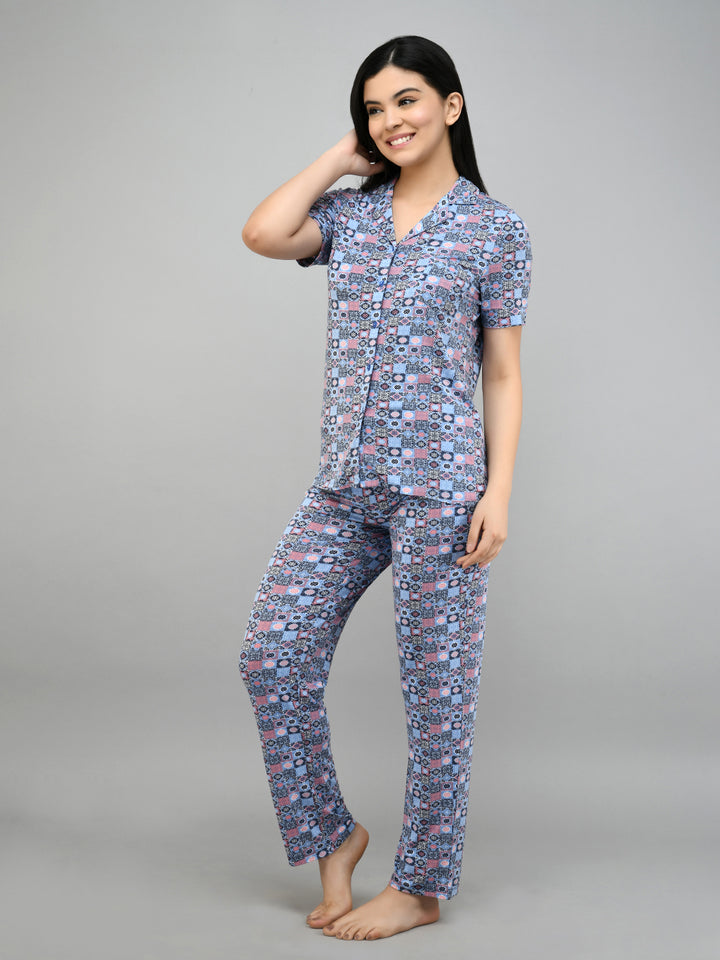 Classic Mosaic Button Down Top in stylish loungewear set.