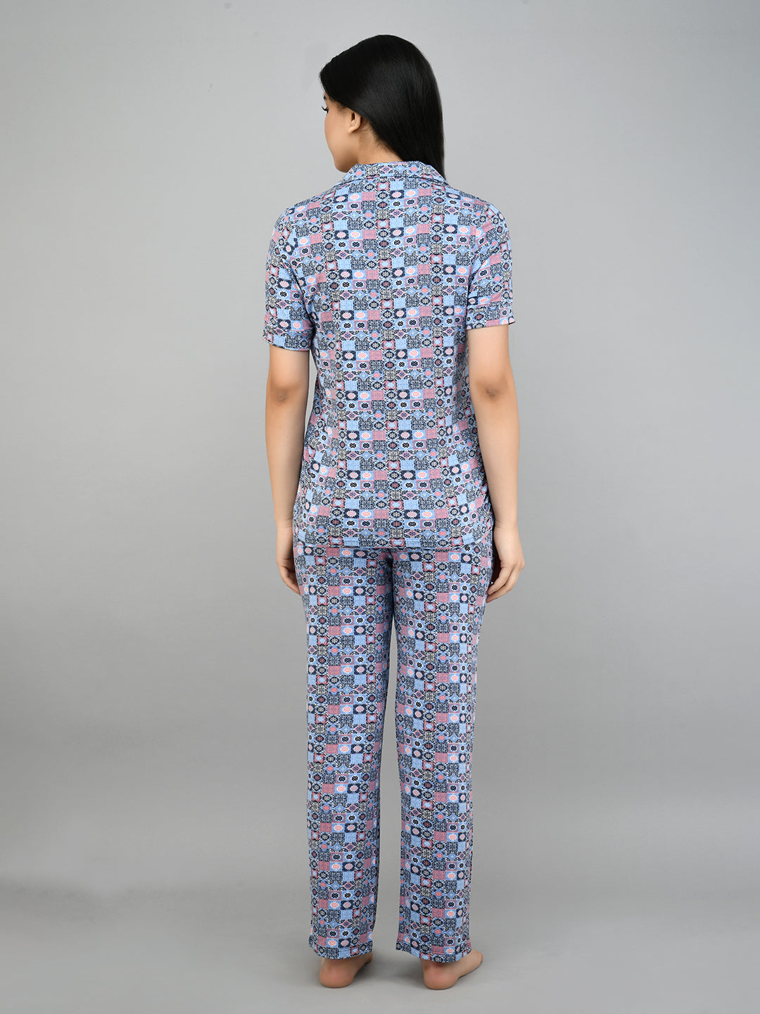 Classic Mosaic Button Down Top with matching pants, stylish back view.