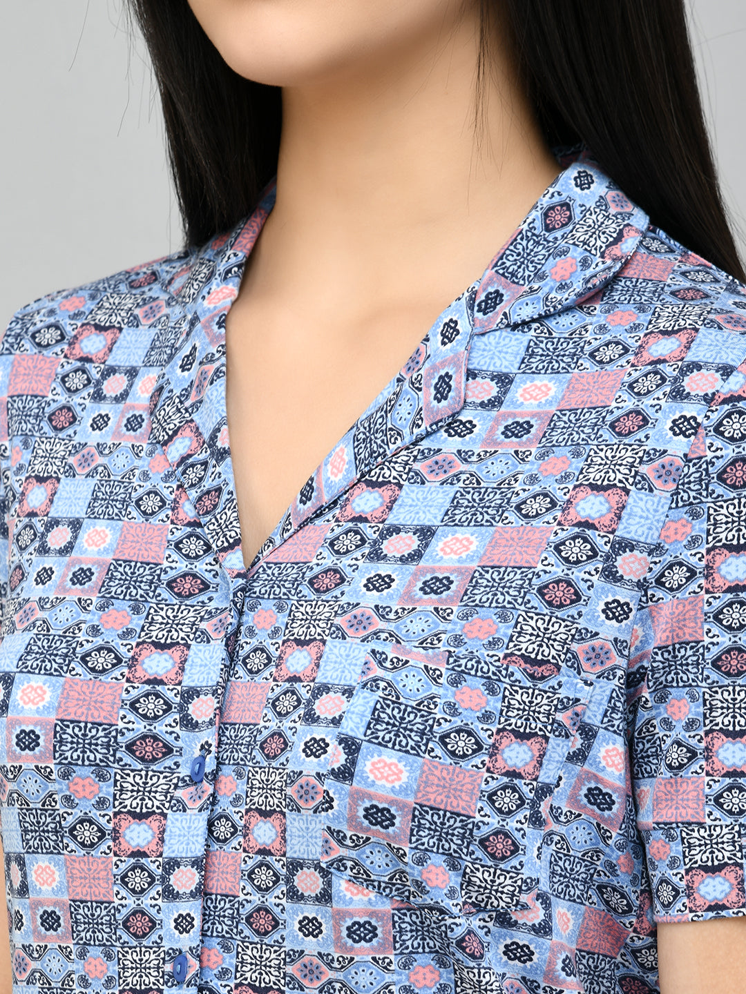 Classic Mosaic Button Down Top with colorful patchwork design.