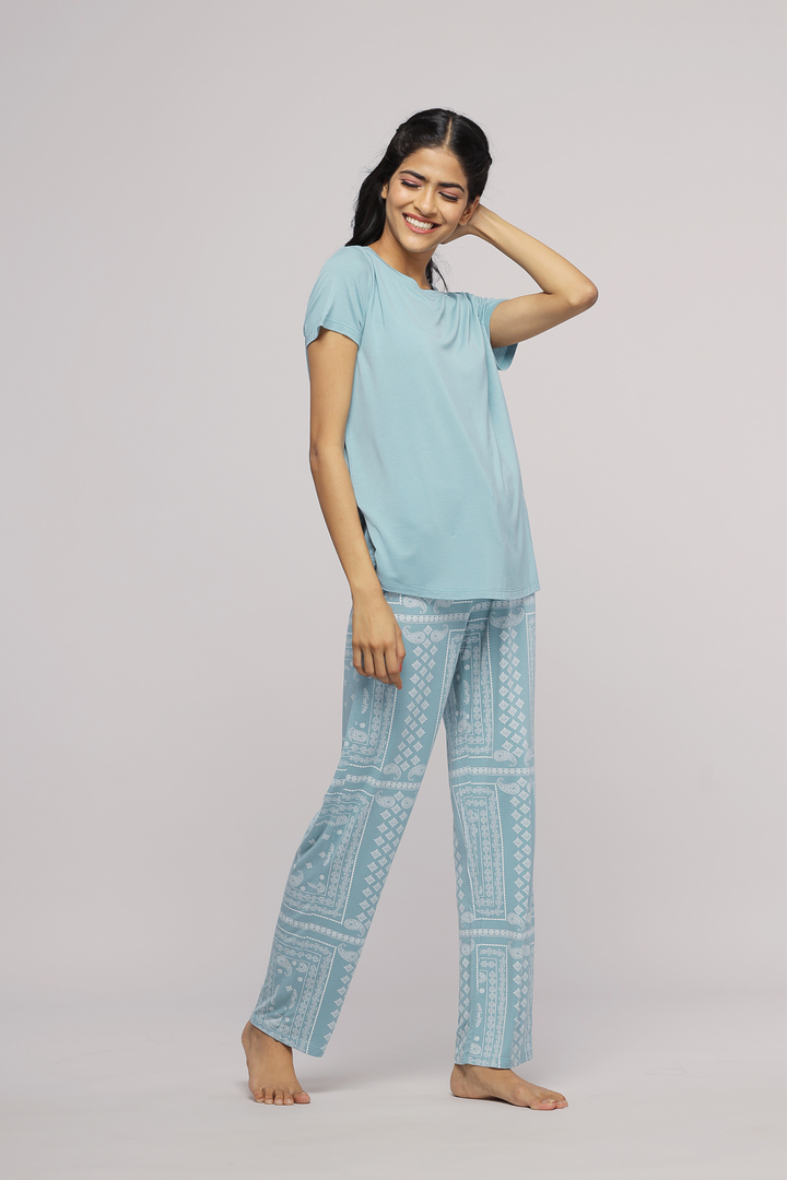 Geometric Paisley Pajama Set in soft blue, perfect for comfort and style.