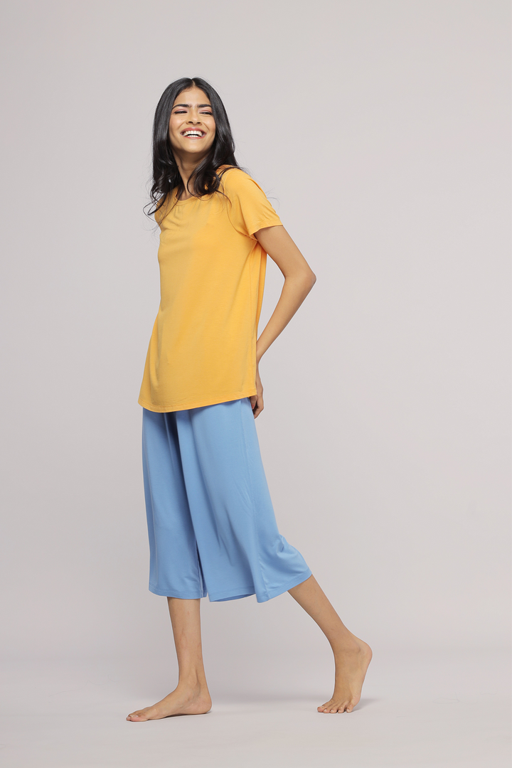 Horizon Blue Culotte Set featuring stylish yellow top and blue culottes.