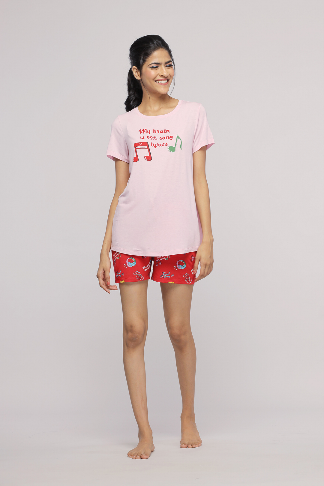 "Pink Music In My Heart Shorts Set with playful lyrics design."