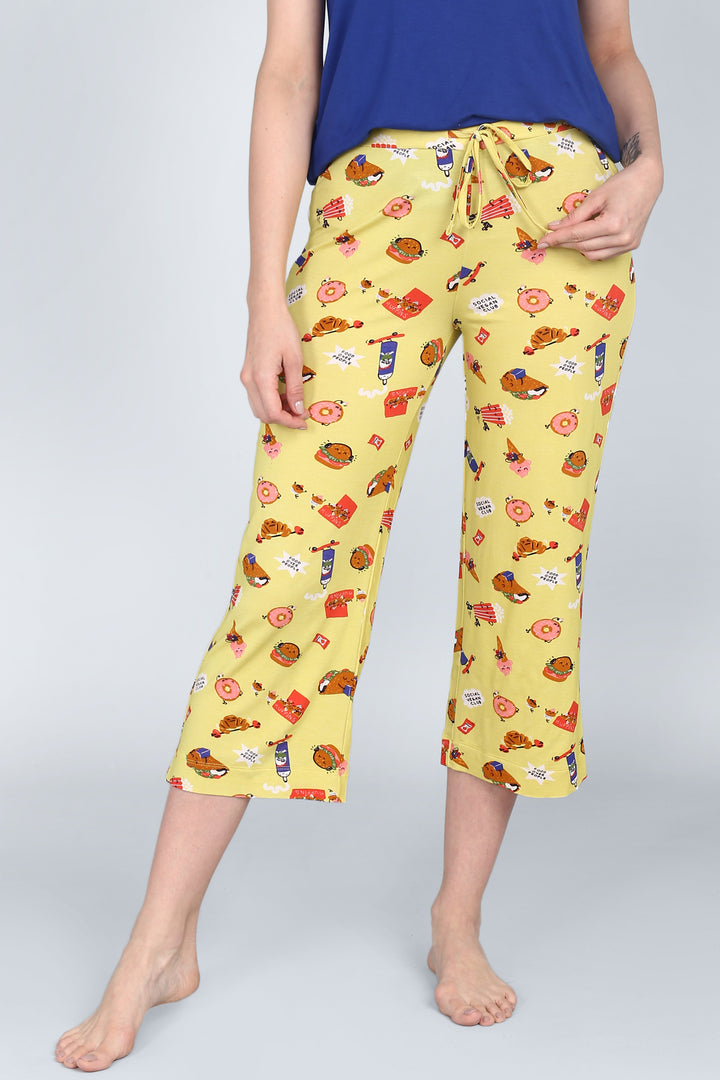 Social Vegan Capri Set with playful food prints and comfortable fit.