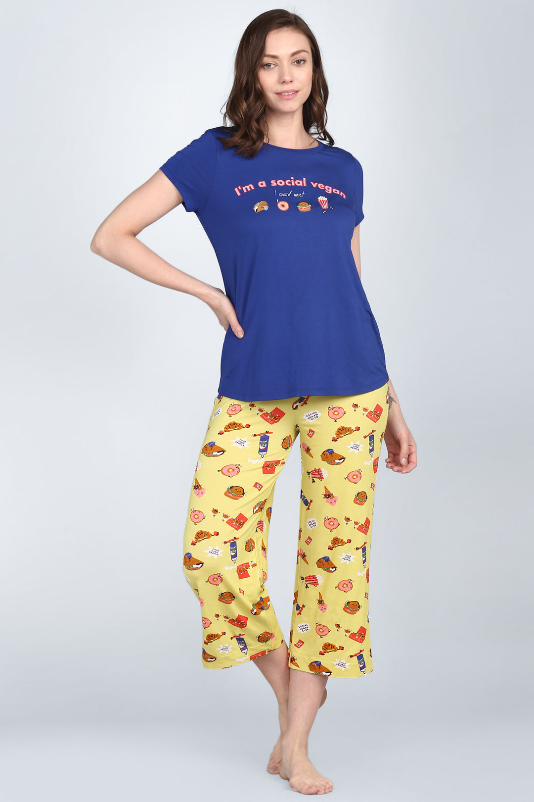 Social Vegan Capri Set featuring playful food-themed design and comfortable fit.