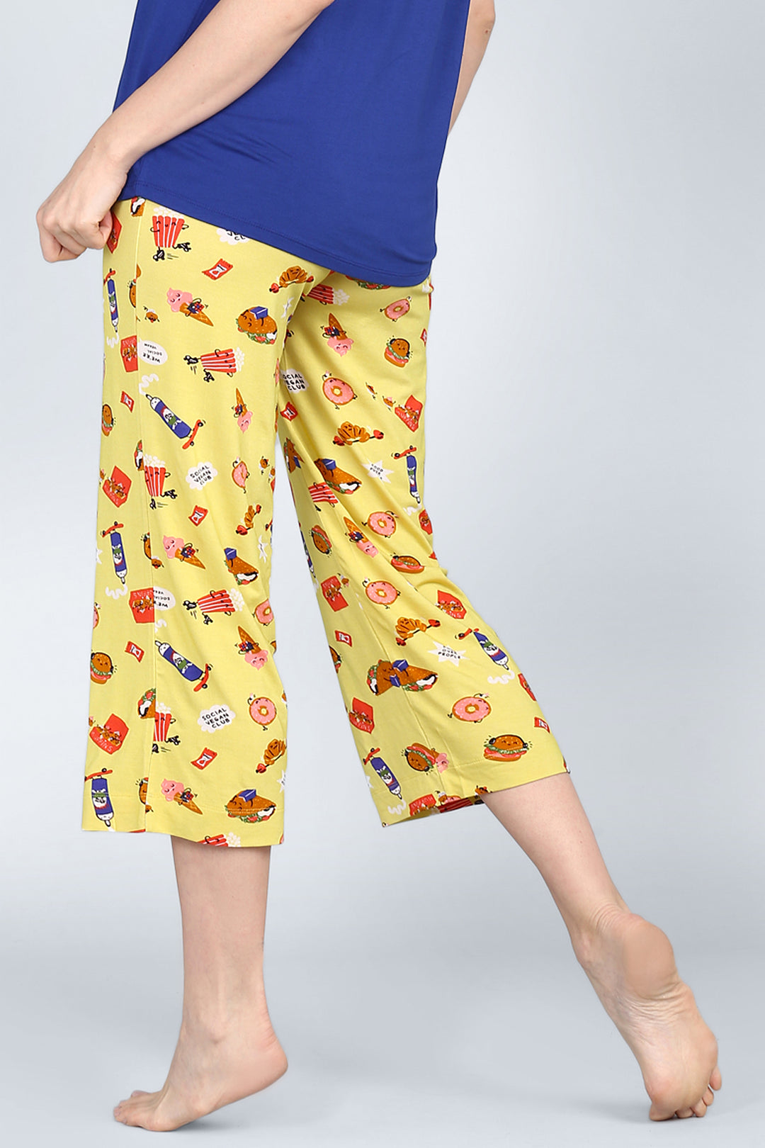 Social Vegan Capri Set featuring playful food-themed prints.