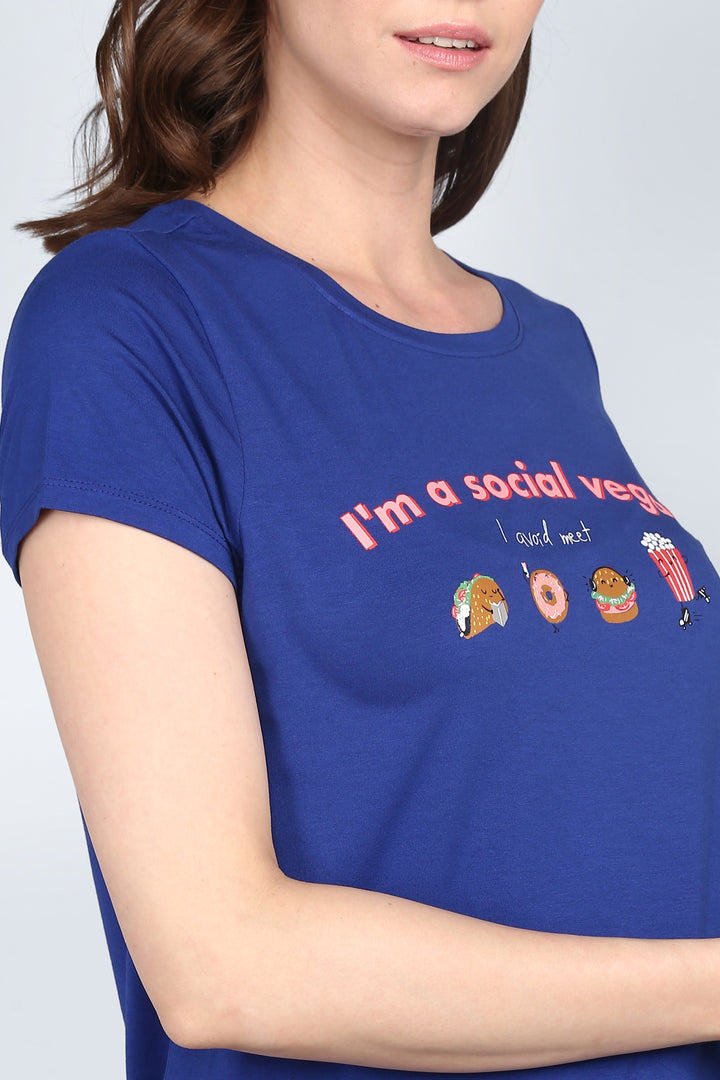 Blue capri set with "I'm a social vegan" graphic design.