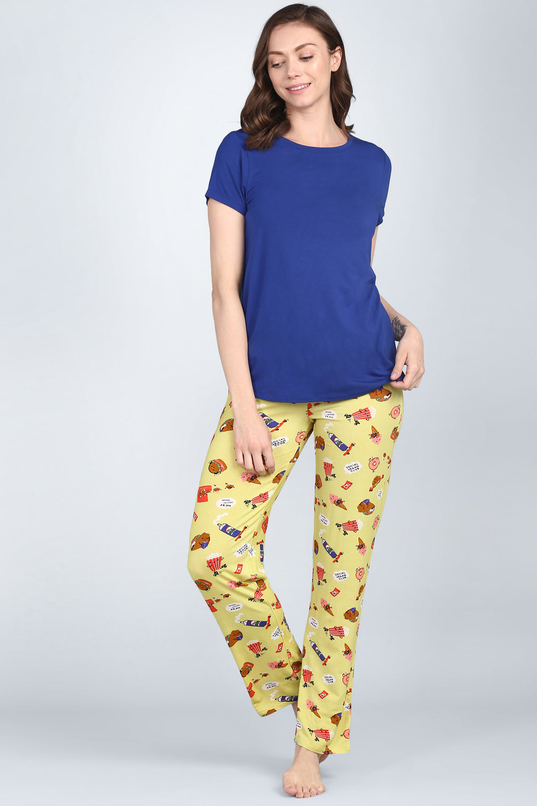 Snuggle Blue Pajama Set with fun yellow patterned bottoms.