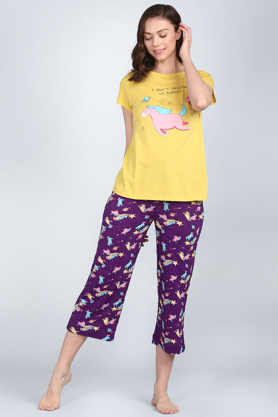 Spaced Out Unicorn Capri pajama set with colorful unicorn design.