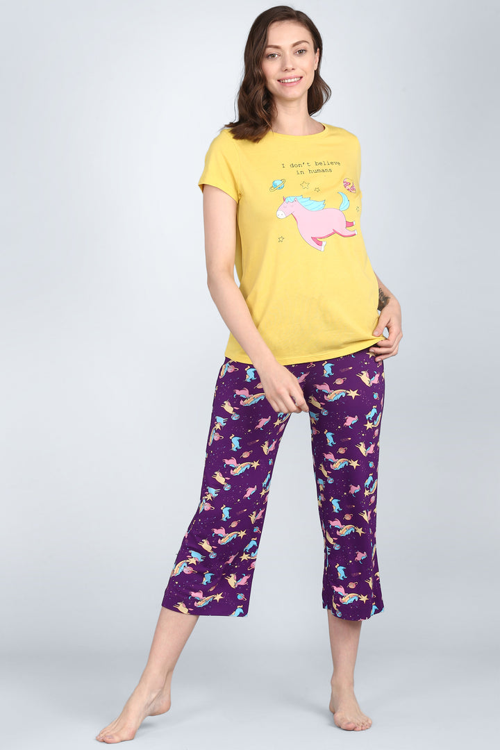 Spaced Out Unicorn Capri pajamas with whimsical unicorn design and playful quote.