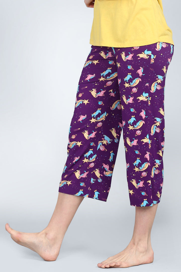 Spaced Out Unicorn Capri with colorful unicorns and stars pattern.