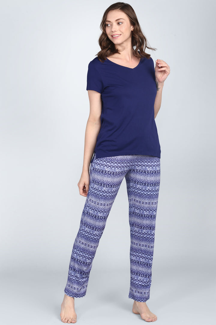 Royal Blue V-Neck Pajama Set with stylish patterned pants.