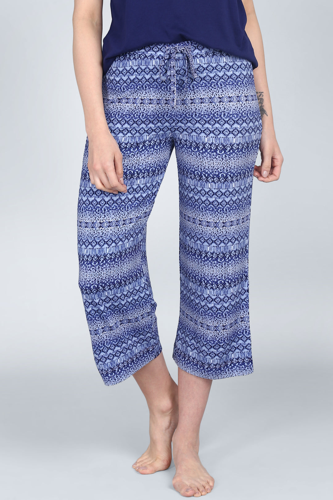 Royal Blue V-Neck Capri Set featuring stylish patterned pants and comfortable top.