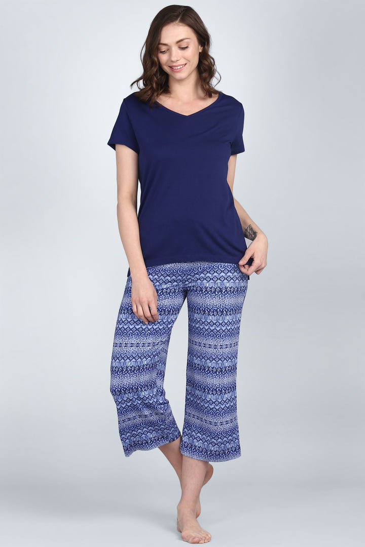 Royal Blue V-Neck Capri Set for stylish and comfortable loungewear.