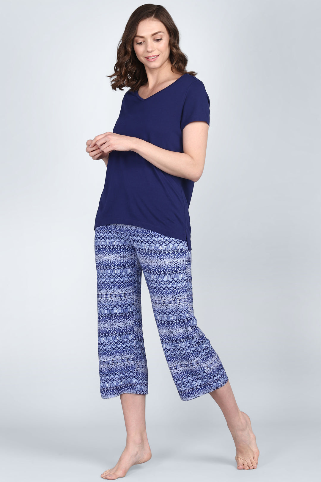 Royal Blue V-Neck Capri Set for stylish comfort and casual elegance.