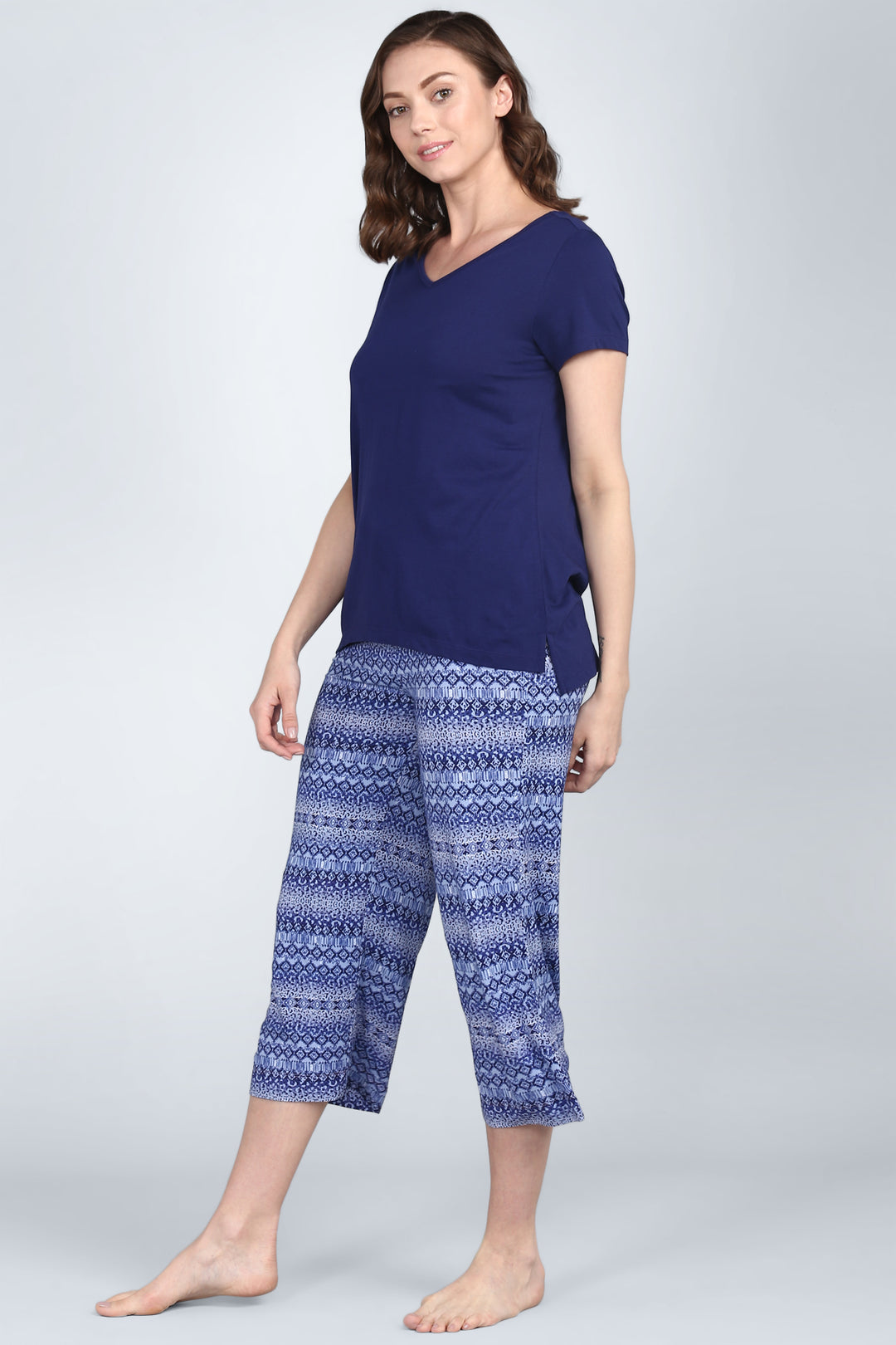 Royal Blue V-Neck Capri Set featuring stylish patterned pants.