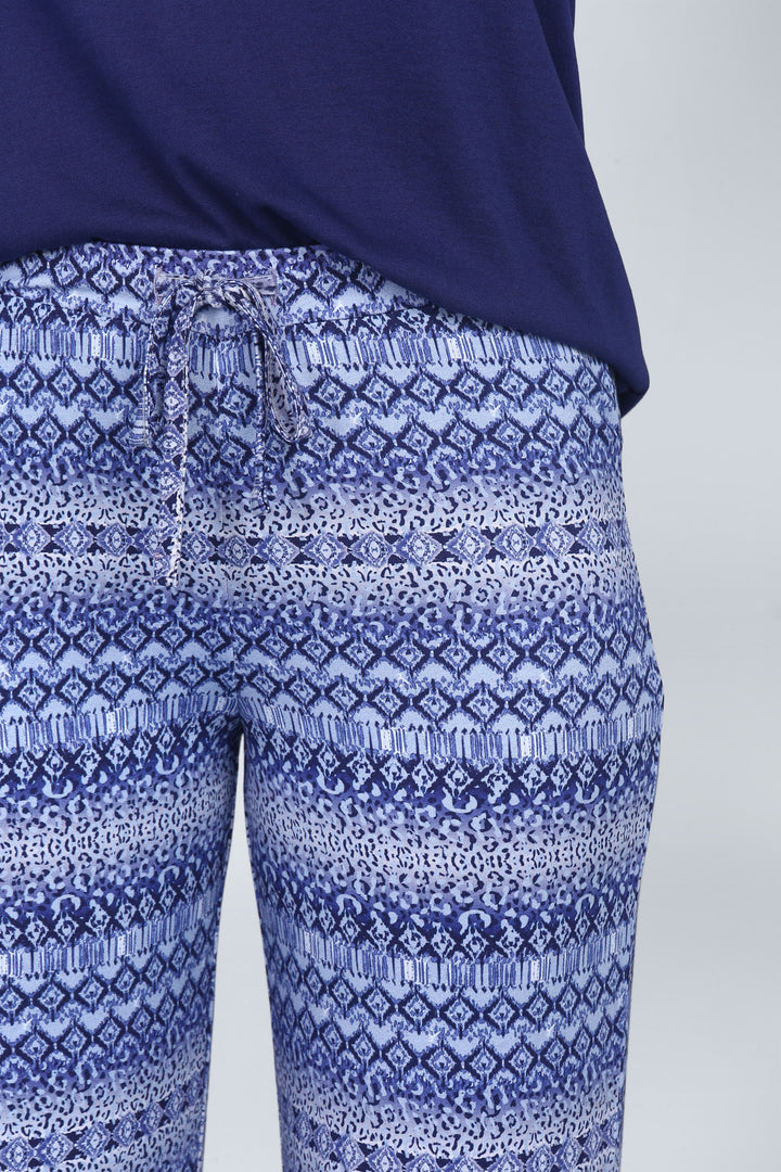 Royal Blue V-Neck Capri Set featuring stylish patterned capri pants.