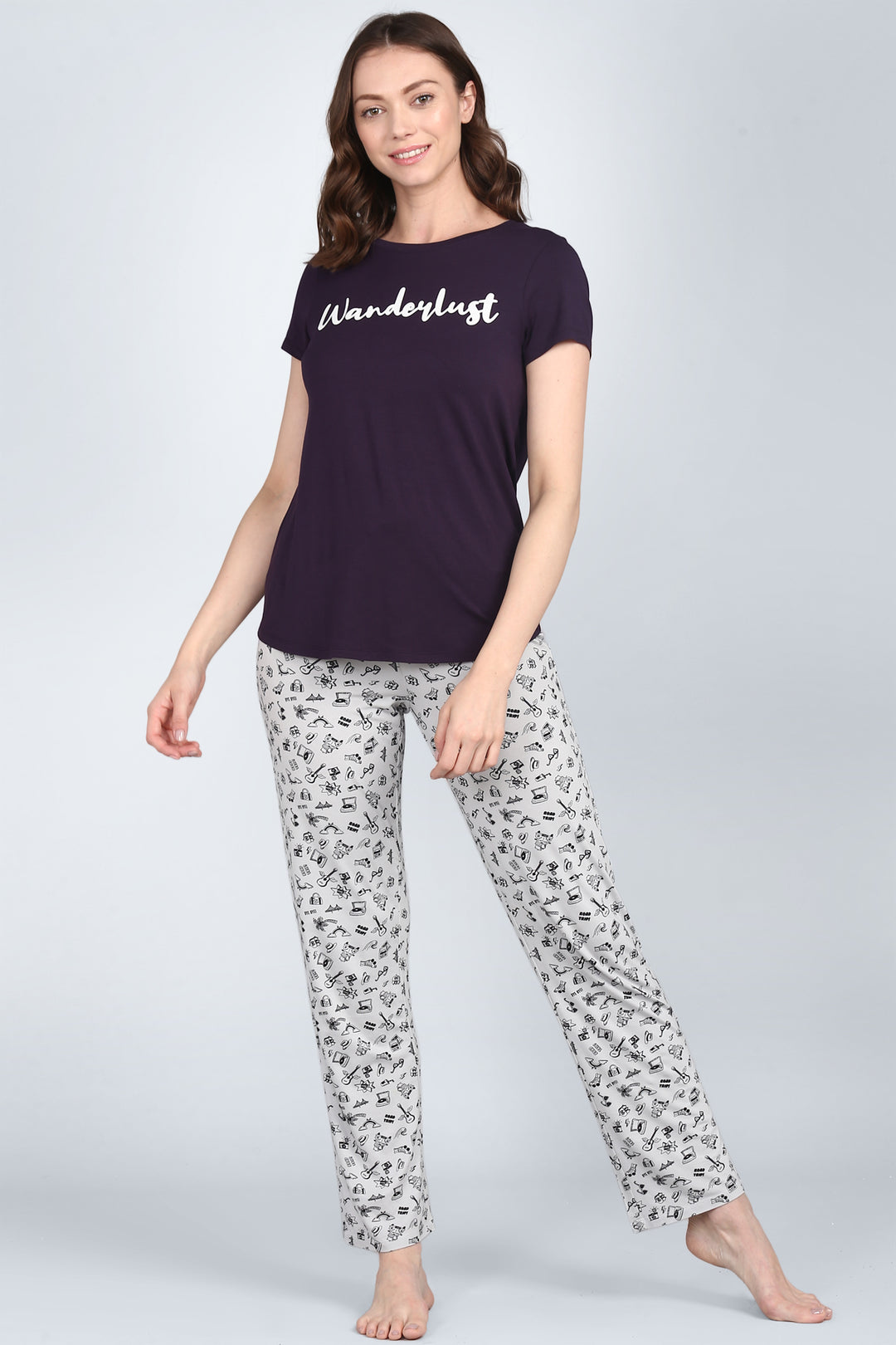 Bon Voyage Pajamas featuring "Wanderlust" print, stylish and comfortable.