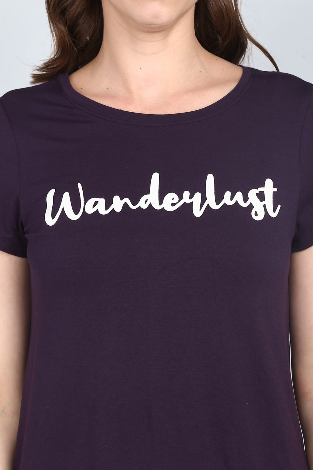 Wanderlust graphic on Bon Voyage Pajamas, purple color, trendy design.