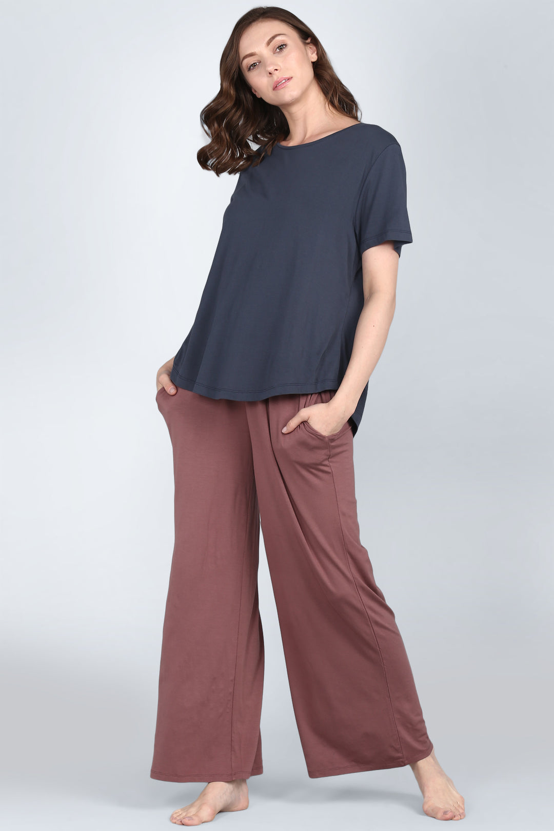 Rose taupe lounge set featuring a comfortable top and wide-leg pants.