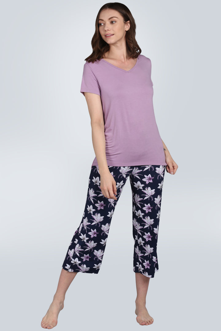 Lavender Sparkle Capri Set with floral pattern, stylish and comfy.