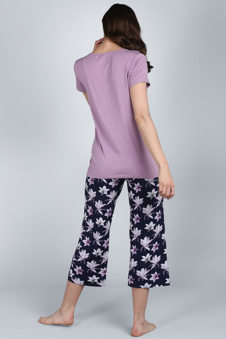 Lavender Sparkle Capri Set with floral print, stylish and comfortable loungewear.