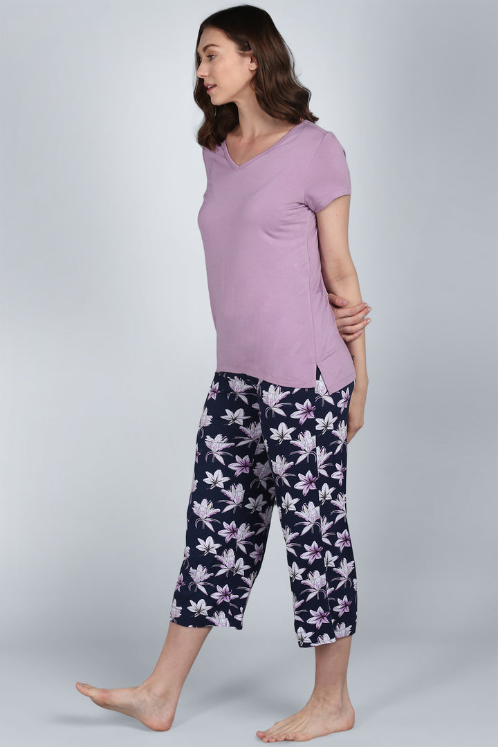 Lavender Sparkle Capri Set featuring stylish floral capri pants and a comfy top.